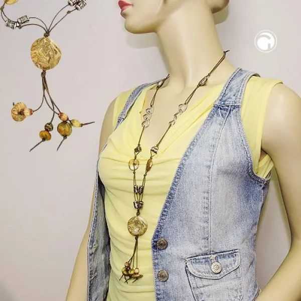 Kette Kunststoffperlen oliv-weiß altsilberfarben Kordel olivgrün 90cm Kette Kunststoffperlen oliv-weiß altsilberfarben Kordel olivgrün 90cm