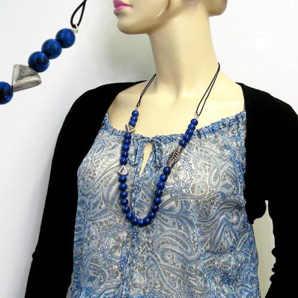 Kette Kunststoff Perlenkette blau altsilber Kordel blau 80cm Kette Kunststoff Perlenkette blau altsilber Kordel blau 80cm