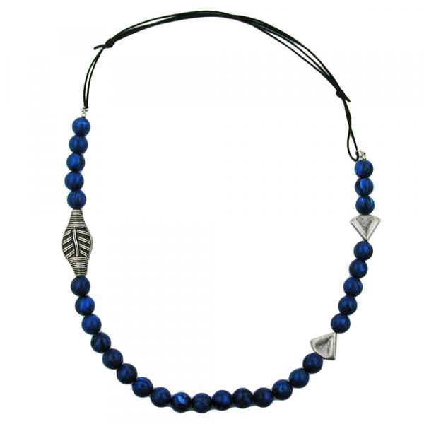 Kette Kunststoff Perlenkette blau altsilber Kordel blau 80cm Kette Kunststoff Perlenkette blau altsilber Kordel blau 80cm