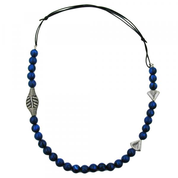 Kette Kunststoff Perlenkette blau altsilber Kordel blau 80cm