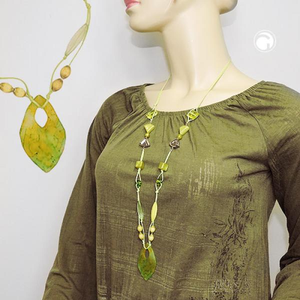Kette Kunststoffperlen Faustkeil gelb-grün glänzend Kordel lindgrün 90cm Kette Kunststoffperlen Faustkeil gelb-grün glänzend Kordel lindgrün 90cm