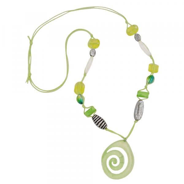 Kette Kunststoffperlen Schnecke hellgrün altsilberfarben Kordel lindgrün 90cm Kette Kunststoffperlen Schnecke hellgrün altsilberfarben Kordel lindgrün 90cm