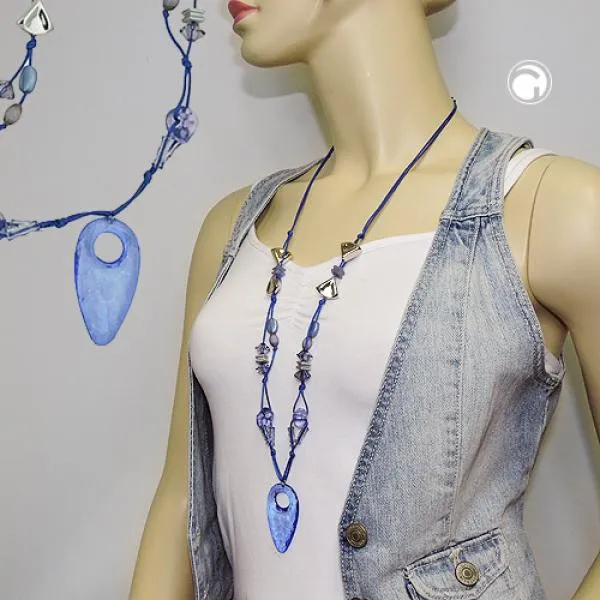 Kette Kunststoffperlen blau transparent silberfarben Faustkeil Kordel blau 90cm Kette Kunststoffperlen blau transparent silberfarben Faustkeil Kordel blau 90cm