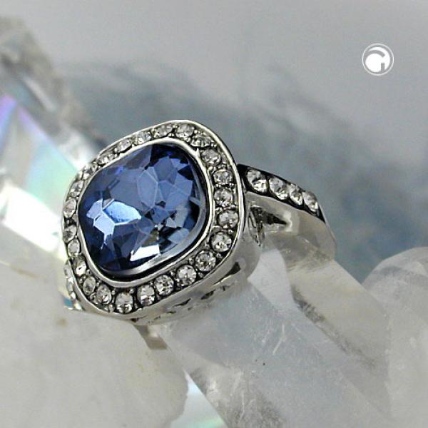 Ring 15,5mm großer blauer Glasstein mit kleinen weißen Zirkonias rhodiniert Ringgröße 50