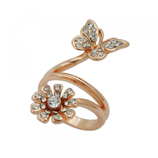 Ring 32mm Schmetterling und Blume mit weißen Glassteinen rotvergoldet Ringgröße 50