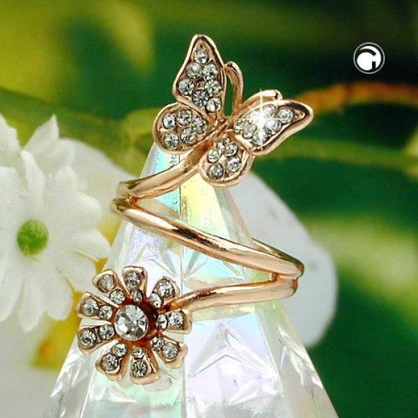 Ring 32mm Schmetterling und Blume mit weißen Glassteinen rotvergoldet Ringgröße 54