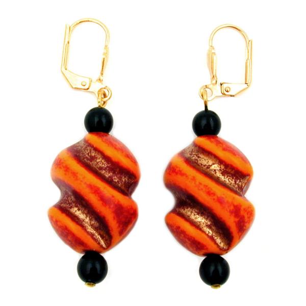 Ohrbrisur Ohrhänger Ohrringe 54x19mm goldfarben Schraubenperle rot-orange schwarz Kunststoff