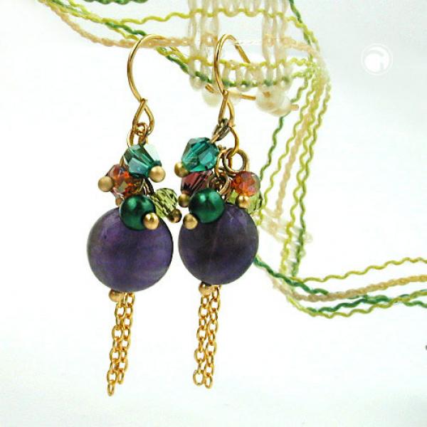 Ohrhaken Ohrhänger Ohrringe 43x10mm Kettchen mit Perlen braun türkis grün und Amethyst Ohrhaken Ohrhänger Ohrringe 43x10mm Kettchen mit Perlen braun türkis grün und Amethyst