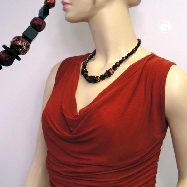 Kette Facettenperle schwarz und rot-gold-schwarz lackierte Kunststoffperlen 50cm