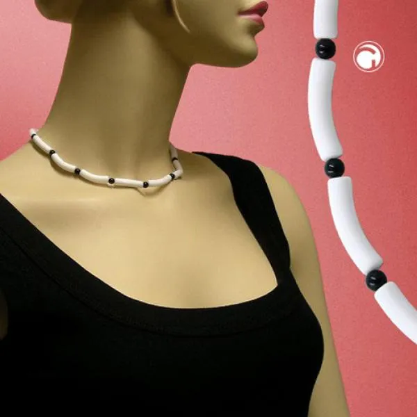 Kette, Walze weiß-matt, Perle schwarz Kette, Walze weiß-matt, Perle schwarz