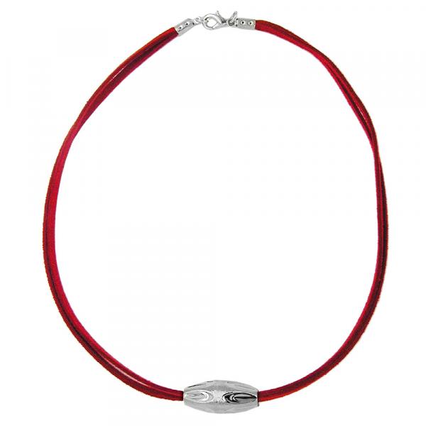 Kette Kunststoffperle Rillenolive chromfarben glänzend Velourband rot 42cm