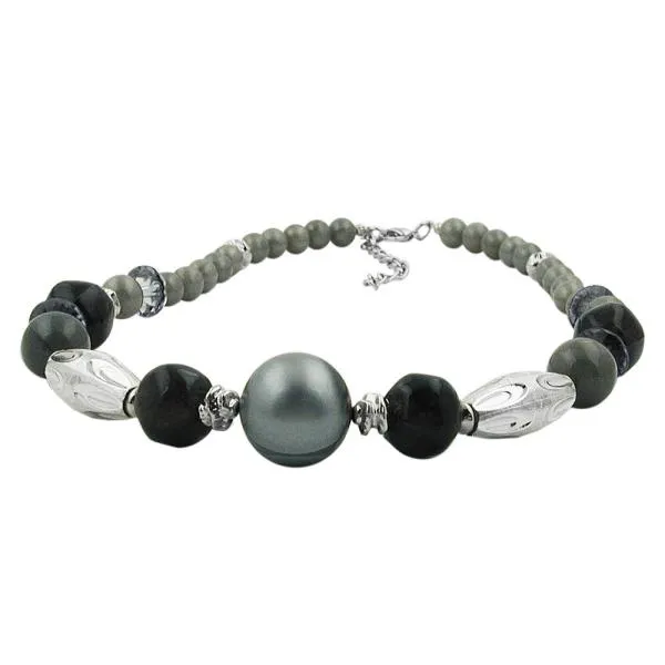 Kette Olive chrom Kunststoffperlen silbergrau 45cm Kette Olive chrom Kunststoffperlen silbergrau 45cm
