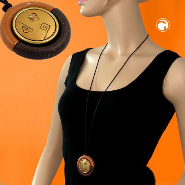 Kette 53mm Anhänger Kunststoff braunton-messingfarben Kordel braun 90cm Kette 53mm Anhänger Kunststoff braunton-messingfarben Kordel braun 90cm