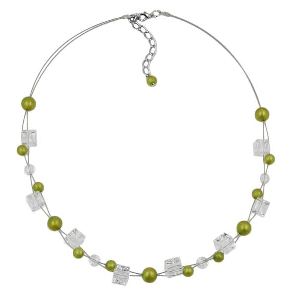 Kette Drahtkette Würfel oliv-seidig und transparente Kunststoffperlen 42cm