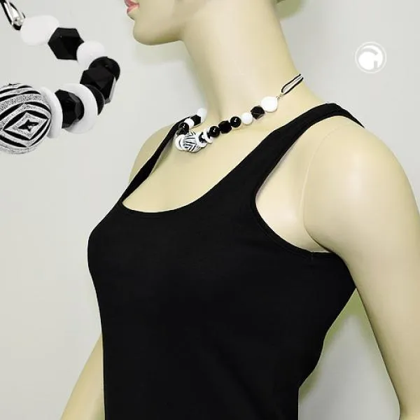 Kette Kunststoffperlen Schmuckperle und Kordel schwarz-weiß 44cm Kette Kunststoffperlen Schmuckperle und Kordel schwarz-weiß 44cm
