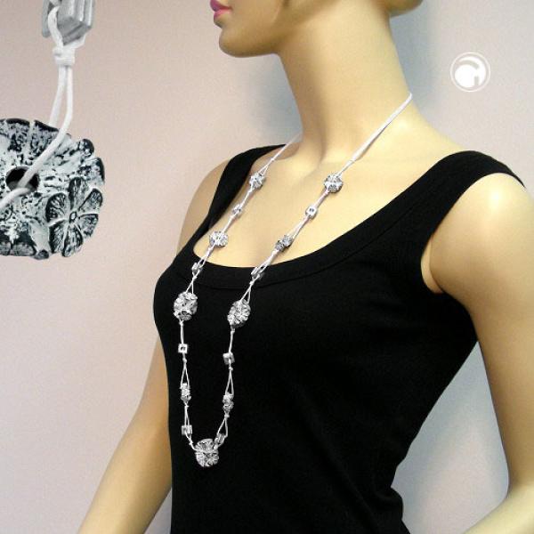 Kette Kunststoffperlen Blumenringe schwarz-weiß Kordel weiß 100cm Kette Kunststoffperlen Blumenringe schwarz-weiß Kordel weiß 100cm