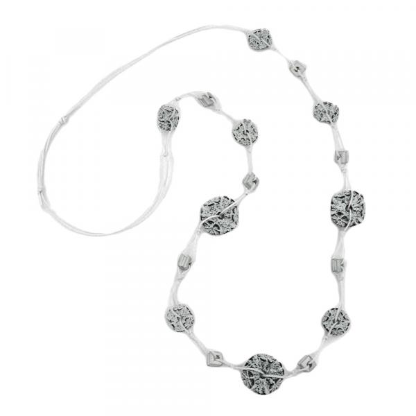 Kette Kunststoffperlen Blumenringe schwarz-weiß Kordel weiß 100cm Kette Kunststoffperlen Blumenringe schwarz-weiß Kordel weiß 100cm