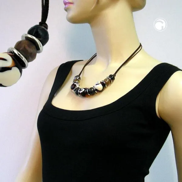 Kette Kunststoffperlen braun-weiß-schwarz Kordel braun 50cm Kette Kunststoffperlen braun-weiß-schwarz Kordel braun 50cm