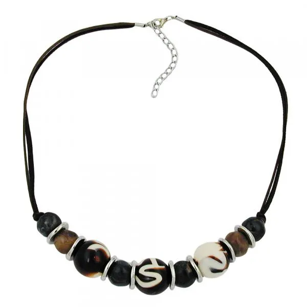 Kette Kunststoffperlen braun-weiß-schwarz Kordel braun 50cm Kette Kunststoffperlen braun-weiß-schwarz Kordel braun 50cm