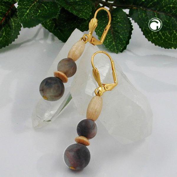 Ohrbrisur Ohrhänger Ohrringe 50mm goldfarben Holzperle natur und Kunststoffperle dunkel-horn