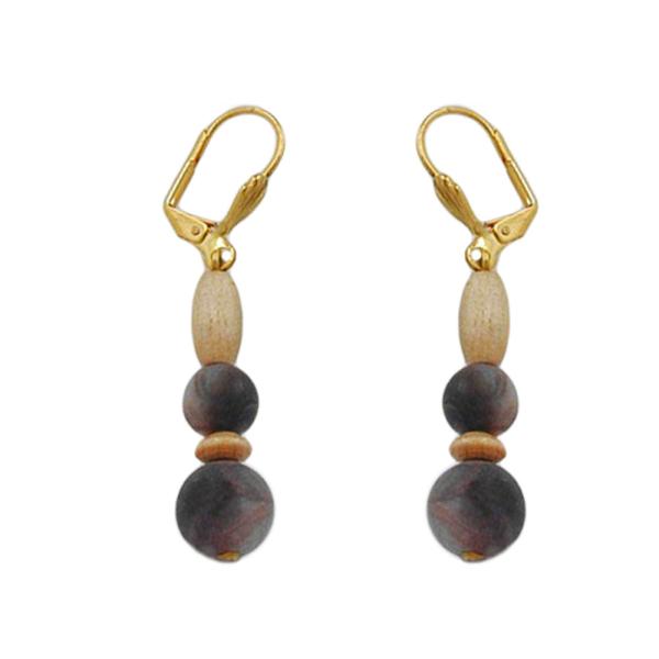Ohrbrisur Ohrhänger Ohrringe 50mm goldfarben Holzperle natur und Kunststoffperle dunkel-horn