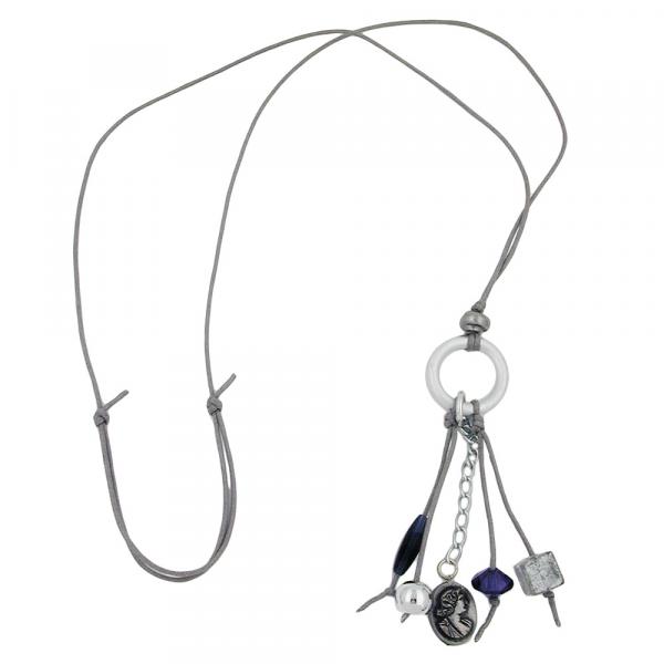 Kette Ring Aluminium hellgrau Perlen silberfarben blau Kordel schwarz 80cm Kette Ring Aluminium hellgrau Perlen silberfarben blau Kordel schwarz 80cm