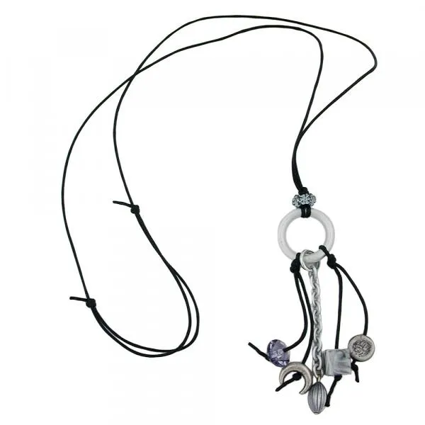 Kette Ring Aluminium hellgrau Perlen altsilberfarben grau Kordel schwarz 80cm Kette Ring Aluminium hellgrau Perlen altsilberfarben grau Kordel schwarz 80cm