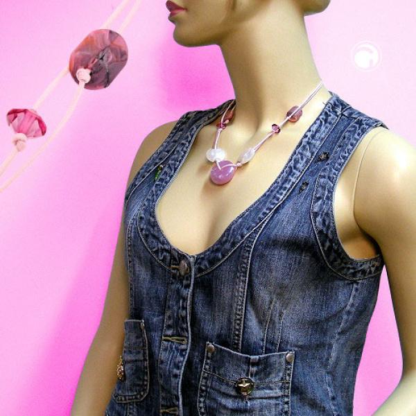 Kette 30x11mm Kunststoffperle Scheibe rosa-seidig weiß Kordel rosa 50cm Kette 30x11mm Kunststoffperle Scheibe rosa-seidig weiß Kordel rosa 50cm