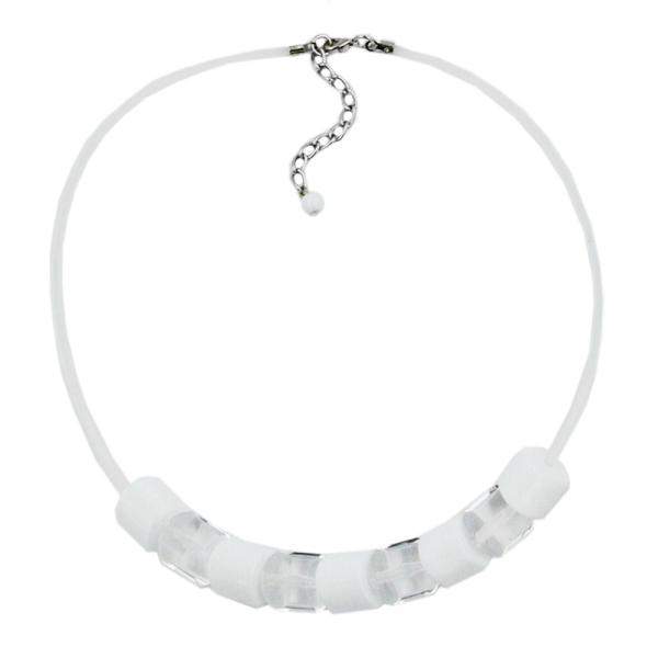 Kette Schrägperle weiß und kristallklar Kunststoffperlen mit Silikonschnur weiß 45cm Kette Schrägperle weiß und kristallklar Kunststoffperlen mit Silikonschnur weiß 45cm