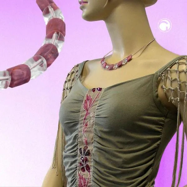 Kette Schrägperle Kunststoff altrosa und kristallklar Kordel rosa und Draht 45cm Kette Schrägperle Kunststoff altrosa und kristallklar Kordel rosa und Draht 45cm