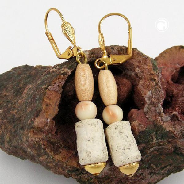 Ohrbrisur Ohrhänger Ohrringe 50mm goldfarben Holzperle hell natur und Kunststoffperle cremefarben