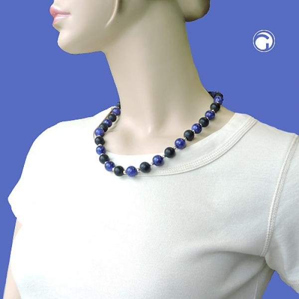 Collier, Perlen schwarz blau silber 50cm