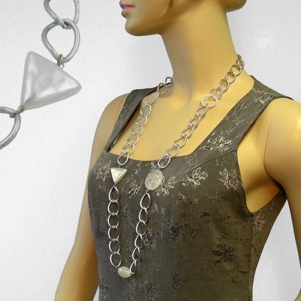 Kette Kunststoffperlen weiß transparent Weitpanzerkette Aluminium hellgrau kristall 90cm Kette Kunststoffperlen weiß transparent Weitpanzerkette Aluminium hellgrau kristall 90cm