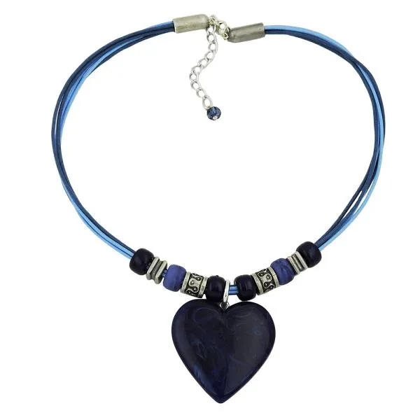 Kette Landhaus-Stil Kunststoffperlen Herz blau marmoriert Kordel blau 45cm Kette Landhaus-Stil Kunststoffperlen Herz blau marmoriert Kordel blau 45cm