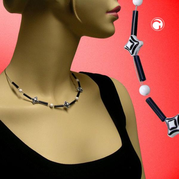 Kette Drahtkette Karoperle schwarz-weiß Kunststoffperlen 45cm Kette Drahtkette Karoperle schwarz-weiß Kunststoffperlen 45cm