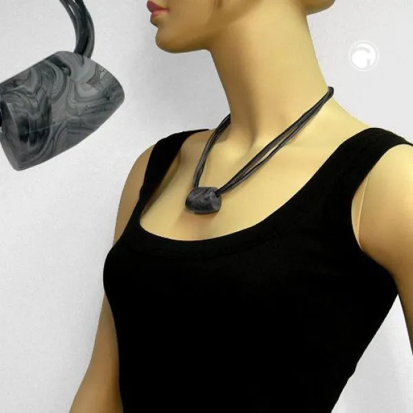 Kette Kunststoffperle Trapez silbergrau-marmoriert glänzend Kordel grau-schwarz 45cm Kette Kunststoffperle Trapez silbergrau-marmoriert glänzend Kordel grau-schwarz 45cm