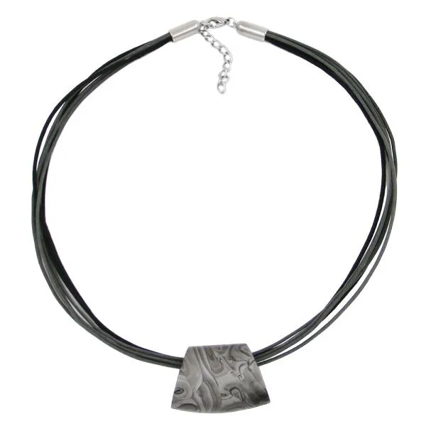 Kette Kunststoffperle Trapez silbergrau-marmoriert glänzend Kordel grau-schwarz 45cm Kette Kunststoffperle Trapez silbergrau-marmoriert glänzend Kordel grau-schwarz 45cm