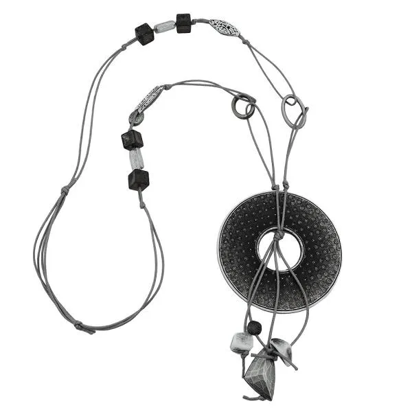 Kette 77mm Kunststoffanhänger Lochring grau-weiß Kordel grau 90cm Kette 77mm Kunststoffanhänger Lochring grau-weiß Kordel grau 90cm