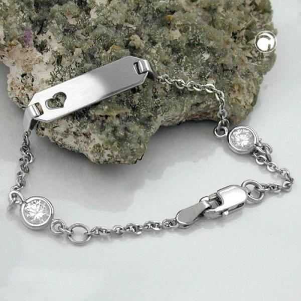 Schildarmband für Kinder 17mm Ankerkette mit Herz und 2 Zirkonias rhodiniert Silber 925 15cm