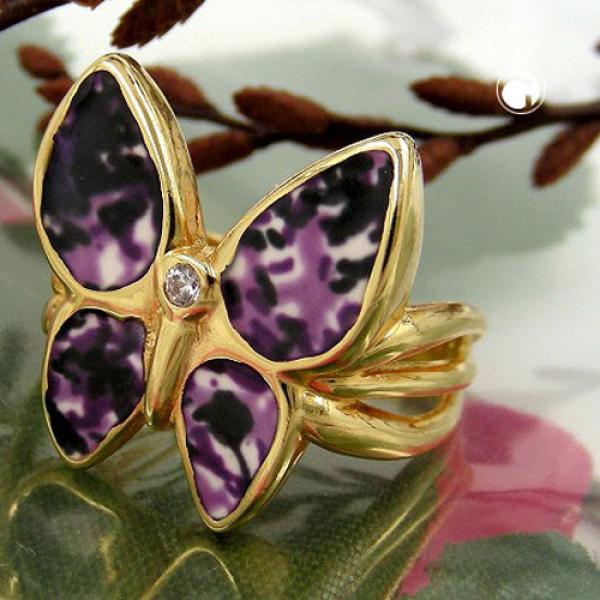 Ring 18x20mm Schmetterling lila farbig lackiert 3 Mikron vergoldet Ringgröße 64