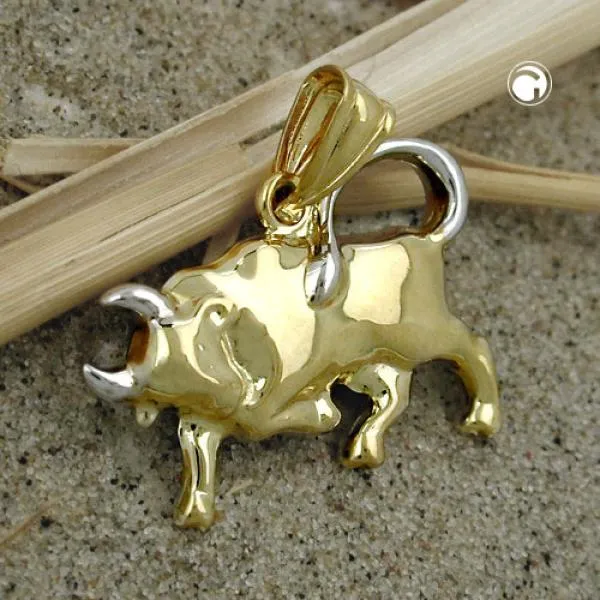 Anhänger 16x23mm Stier bicolor rhodiniert 9Kt GOLD Anhänger 16x23mm Stier bicolor rhodiniert 9Kt GOLD