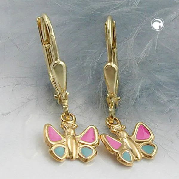 Ohrbrisur Ohrhänger Ohrringe 22x7mm Schmetterling hellblau-pink 9Kt GOLD Ohrbrisur Ohrhänger Ohrringe 22x7mm Schmetterling hellblau-pink 9Kt GOLD