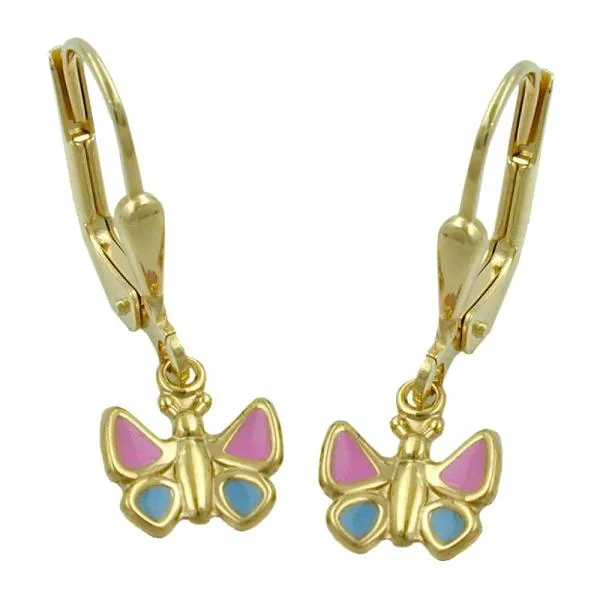 Ohrbrisur Ohrhänger Ohrringe 22x7mm Schmetterling hellblau-pink 9Kt GOLD Ohrbrisur Ohrhänger Ohrringe 22x7mm Schmetterling hellblau-pink 9Kt GOLD