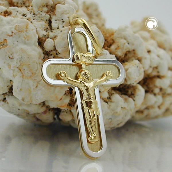 Anhänger 20x14mm Kreuz mit Jesus bicolor matt-glänzend 9Kt GOLD