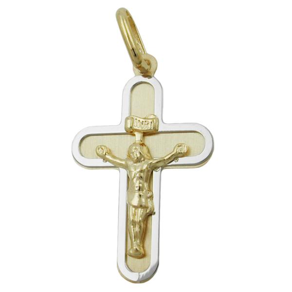 Anhänger 20x14mm Kreuz mit Jesus bicolor matt-glänzend 9Kt GOLD