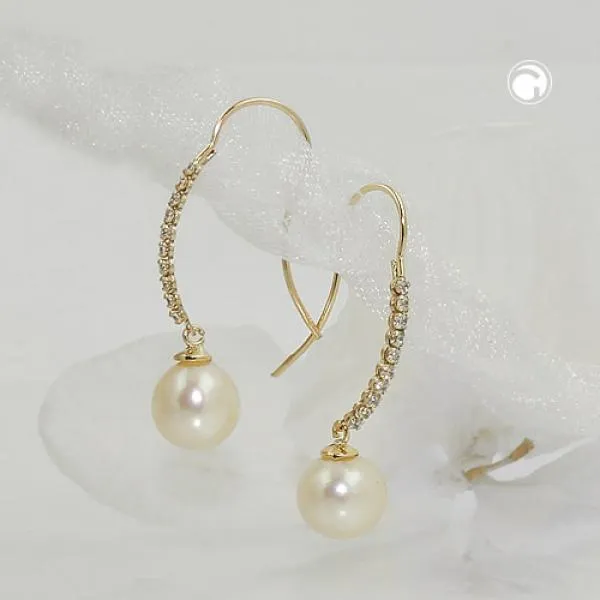 Ohrhaken Ohrringe 27x7mm Ohrringe mit Süßwasserzuchtperle und Zirkonias 9Kt GOLD Ohrhaken Ohrringe 27x7mm Ohrringe mit Süßwasserzuchtperle und Zirkonias 9Kt GOLD
