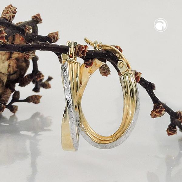 Creole Ohrring 20x18x3mm oval bicolor diamantiert geschwungen 9Kt GOLD