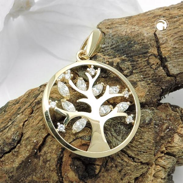 Anhänger 17mm Lebensbaum mit Zirkonias 9Kt GOLD