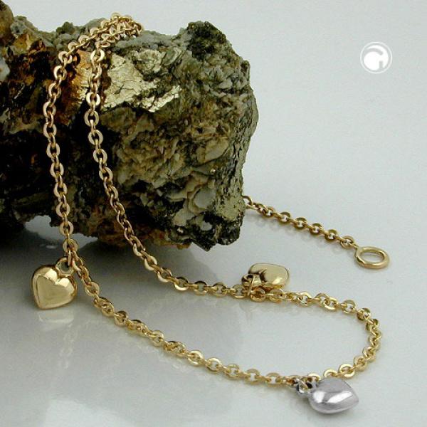 Fußkette 1,7mm Ankerkette mit 3 Herzen bicolor längenvariabel 9Kt GOLD 25cm