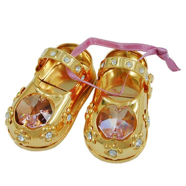 Tischdekoration 1 Paar Babyschuhe 52x27mm mit rosa Glas-Steinen Tischdekoration 1 Paar Babyschuhe 52x27mm mit rosa Glas-Steinen